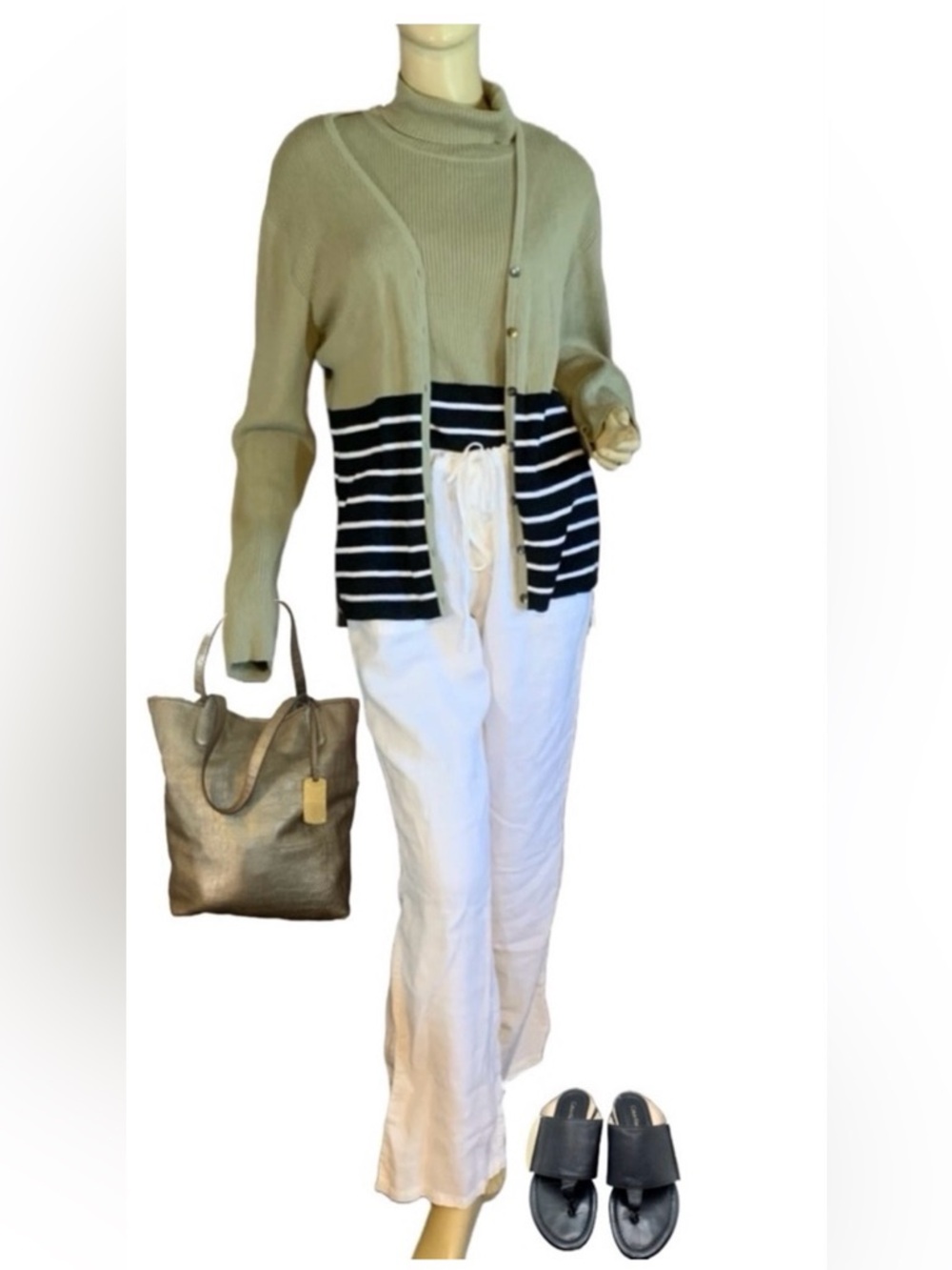 VINTAGE 1990'S STYLE & CO SAGE GREEN, BLACK & WHITE RIBBED KNIT TWIN SET (XL)